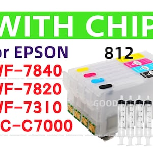 May include: A white plastic cartridge with a clear lid and a chip for Epson printers. The cartridge is labeled "812" and is compatible with the following models: WF-7840, WF-7820, WF-7310, and EC-C7000. The cartridge is accompanied by four clear syringes filled with ink.