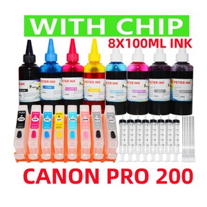 May include: A collection of ink bottles and cartridges for a Canon Pro 200 printer. The image shows eight bottles of ink in various colors, including black, cyan, magenta, and yellow, each containing 100ml. The text "WITH CHIP" and "8X100ML INK" is visible.