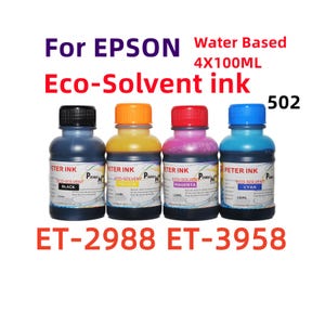 May include: Four bottles of Eco-Solvent ink for Epson printers. The bottles are labeled Black, Yellow, Magenta, and Cyan. Each bottle contains 100ml of ink. The text "For EPSON" and "Water Based" are also visible.