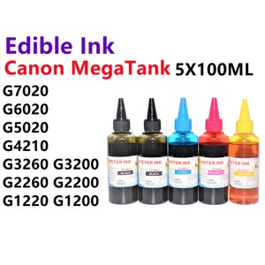 May include: Five bottles of edible ink for Canon MegaTank printers. The bottles are labeled with the ink colors: black, cyan, magenta, and yellow. Each bottle contains 100 ml of ink.