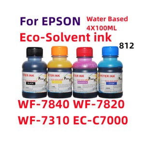 May include: Four bottles of Eco-Solvent ink for Epson printers. The bottles are labeled black, yellow, magenta, and cyan. Each bottle has a colored cap and contains 100ml of ink. The text "For Epson" and printer model numbers are also visible.