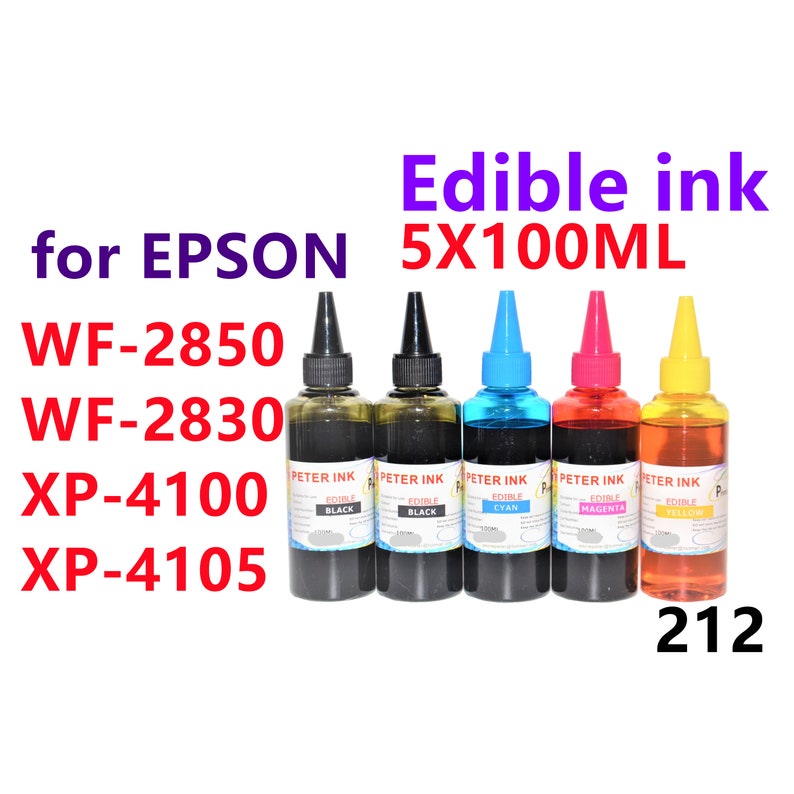 5 cartuchos de tinta comestible de 100 ml (2 unidades en negro) para impresoras Wf-2850, Wf-2830, XP-4100 y XP-4105 T212. imagen 1