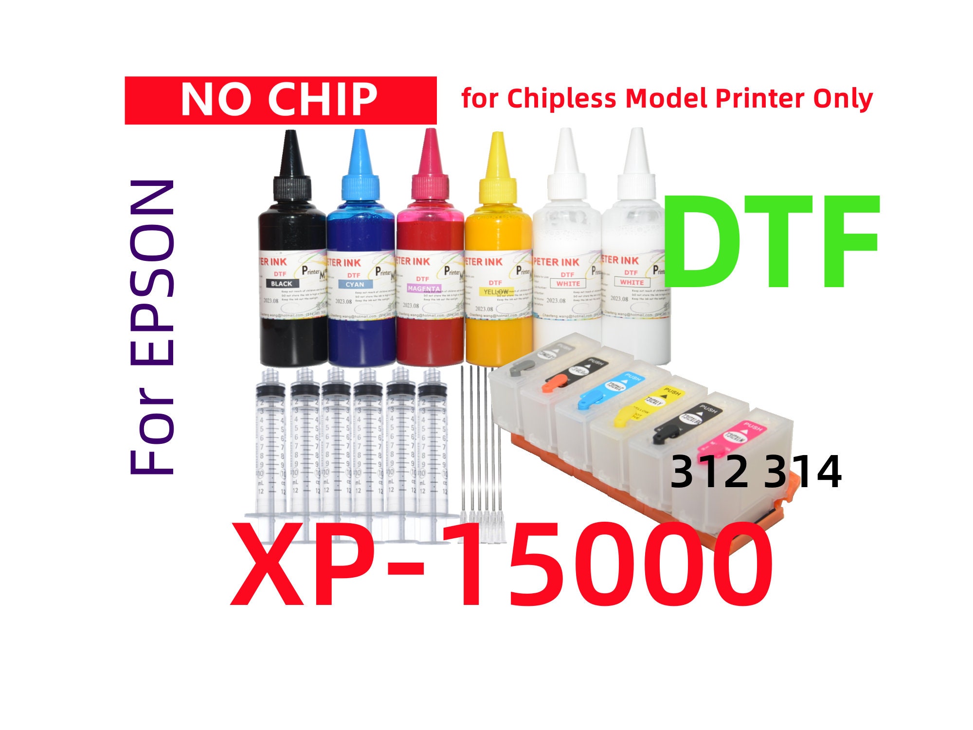Chipless DTF Ink Refillable Cartridges Kit, No Chip, Without Chip, for