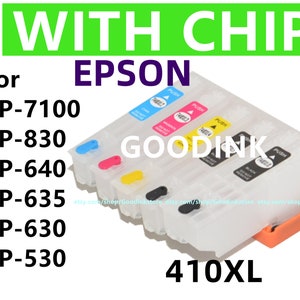 May include: A set of four ink cartridges for Epson printers. The cartridges are labeled with the colors cyan, magenta, yellow, and black. The cartridges are labeled with the text "410XL" and "GOODINK".