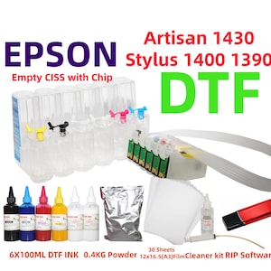 May include: An empty CISS with chip for Epson Artisan 1430, Stylus 1400, and 1390 printers. Includes 6 bottles of 100ml DTF ink, 0.4kg of powder, 30 sheets of 12x16.5 inch A3 film, a cleaner kit, and a red USB drive containing RIP software.