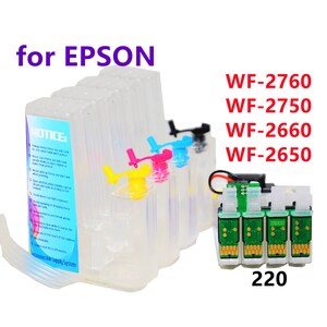 May include: A set of four clear plastic ink cartridges with yellow, magenta, cyan, and black ink. The cartridges are labeled "NOTICE" and have a continuous ink supply system. The cartridges are compatible with Epson WF-2760, WF-2750, WF-2660, and WF-2650 printers. The cartridges are also labeled "220".