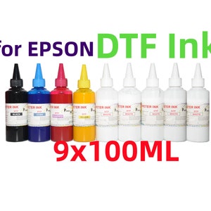 May include: Nine bottles of DTF ink for Epson printers. The bottles are 100 ml each and come in black, cyan, magenta, yellow, and white.