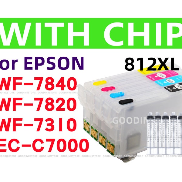 4pk Empty Refillable Ink Cartridge for Workforce pro WF7840 WF7820 WF7310 EC-C7000 wf-7840 wf-7820  T812 812 XL Printer, w/single use chips