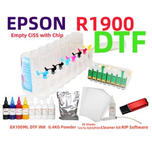 May include: An Epson R1900 DTF kit featuring an empty CISS with chips, eight 100ml bottles of DTF ink, 0.4kg of powder, 30 sheets of 12x16.5 inch A3 film, a cleaner kit, and a USB drive containing RIP software, all displayed on a white background.