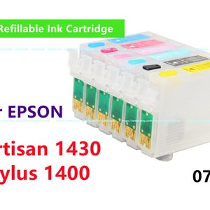 May include: Refillable ink cartridge for Epson Artisan 1430 and Stylus 1400 printers. The cartridge is clear and has six individual ink chambers. The ink chambers are labeled with the colors cyan, magenta, yellow, and black. The cartridge is labeled with the number 079.