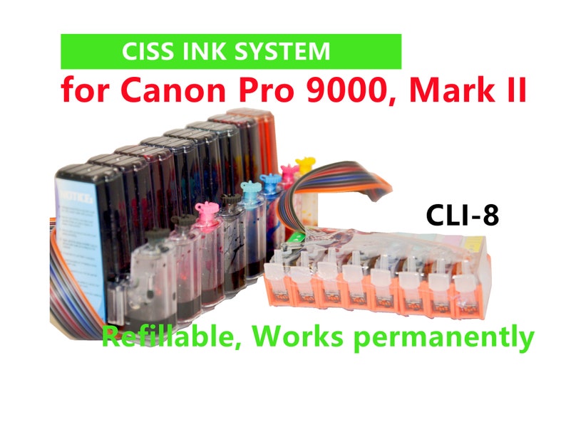 May include: A CISS ink system for Canon Pro 9000, Mark II printers. The system is refillable and includes a set of eight ink cartridges. The text "CLI-8" is visible on the image.