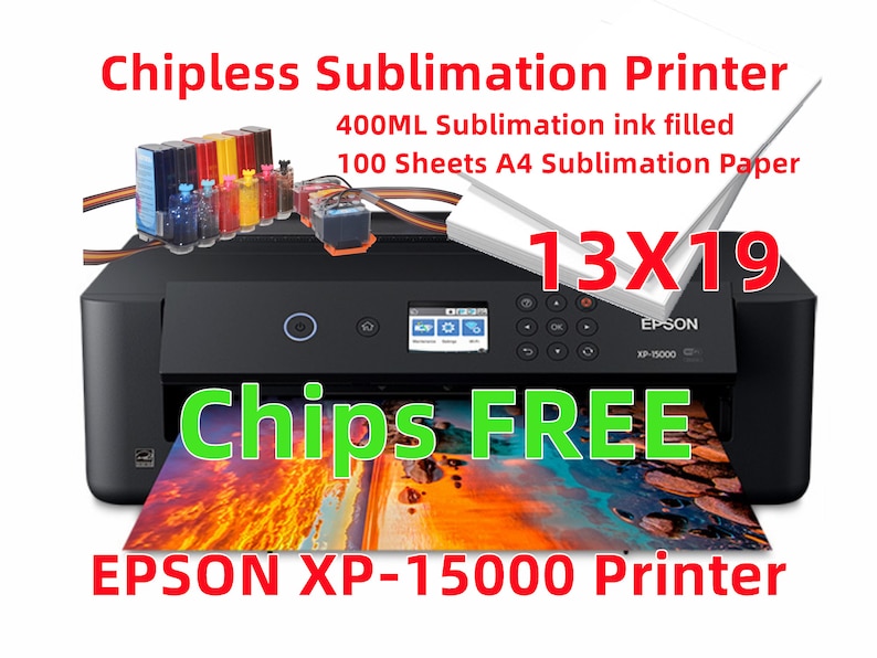 K&ouml;nnte beinhalten: Ein schwarzer Epson XP-15000 Drucker mit einem farbenfrohen Druck, der aus dem Papiereinzug kommt. Das Bild enth&auml;lt den Text &bdquo;Chipless Sublimation Printer&ldquo;, &bdquo;Chips FREE&ldquo; und &bdquo;13X19&ldquo;. Der Drucker wird mit 400 ml Sublimationstinte und 100 Blatt A4-Papier geliefert.