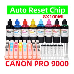May include: Eight 100ml bottles of printer ink in black, cyan, magenta, yellow, light cyan, light magenta, red, and green. Includes eight auto reset chips, eight syringes, and needles for Canon Pro 9000. Each bottle features a white label with text.