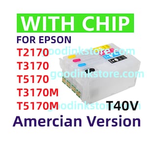 May include: A set of four translucent plastic ink cartridges for Epson printers, labeled with model numbers T2170, T3170, T5170, T3170M, T5170M, and T40V. The cartridges feature colored caps in yellow, magenta, cyan, and black, with visible electronic chips.