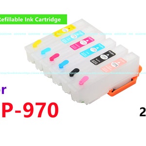 May include: Refillable ink cartridges for Epson XP-970 printer. The cartridges are clear plastic and have a black, cyan, magenta, and yellow ink. The cartridges are labeled with the number 277 and the word 