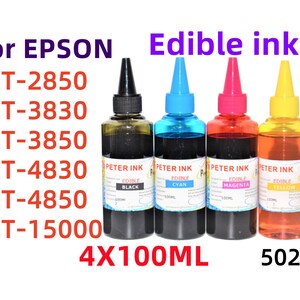 May include: Four bottles of edible ink in black, cyan, magenta, and yellow, with black nozzles. The bottles are labeled "Peter Ink" and "Edible" with the text "4X100ML" and "502". The text "For EPSON" and printer model numbers are also visible.