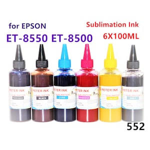 May include: Six bottles of Peter Ink sublimation ink for Epson ET-8550 and ET-8500 printers. The bottles are labeled with the colors: Photo Black, Black, Cyan, Magenta, Yellow, and Grey. Each bottle contains 100ml of ink.
