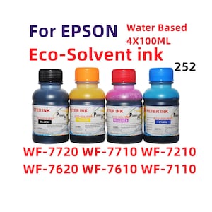 May include: Four 100ml bottles of Peter Ink eco-solvent ink for Epson printers, including black, yellow, magenta, and cyan colors. The bottles feature black, orange, red, and blue caps respectively, with labels listing model numbers 252, WF-7720, WF-7710, WF-7210, WF-7620, WF-7610, and WF-7110.