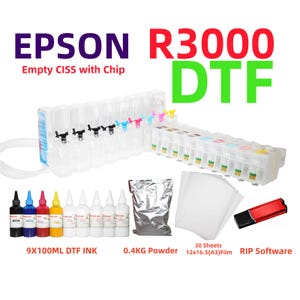 May include: An Epson R3000 DTF kit featuring an empty CISS with chips, nine 100ml bottles of DTF ink, 0.4kg of powder, 30 sheets of 12x16.5 inch A3 film, and a red and black USB drive for RIP software, all displayed against a white background.