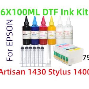 May include: A set of six 100 ml bottles of DTF ink for Epson Artisan 1430 and Stylus 1400 printers. The ink bottles are black, cyan, magenta, yellow, white, and light white. The set also includes six syringes and six cleaning needles. The text "6X100ML DTF Ink Kit" and "For EPSON" is visible on the image. The text "Artisan 1430 Stylus 1400" and "79" is also visible on the image.