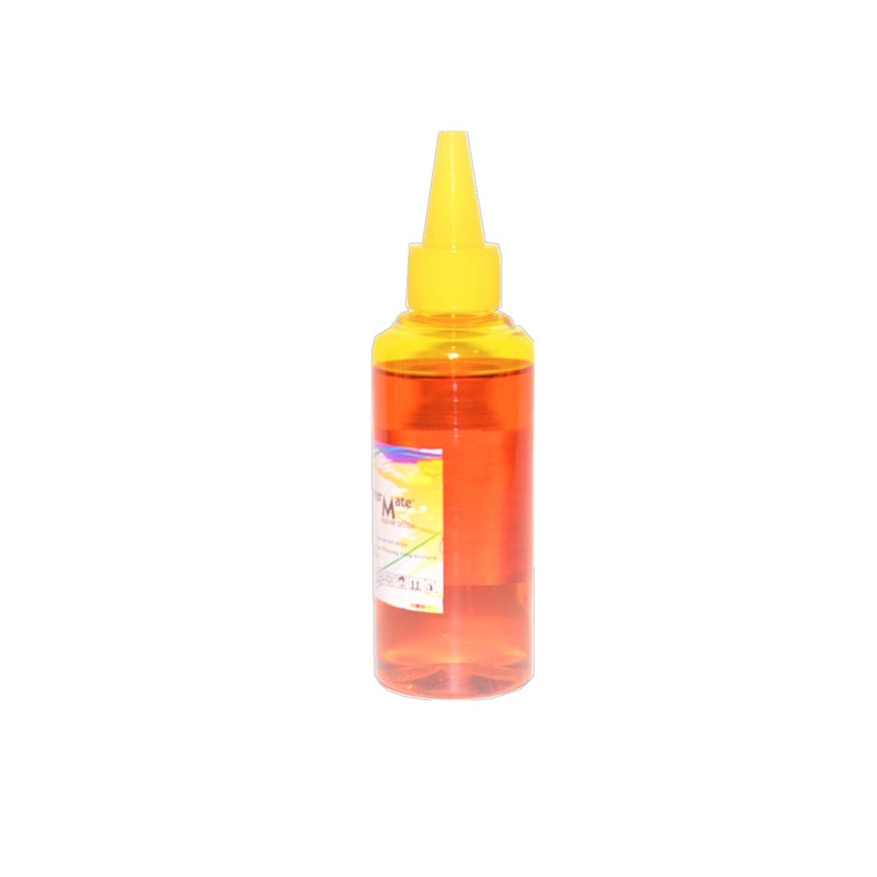 Puede incluir: Una botella transparente con una tapa amarilla llena de tinta naranja. La botella tiene una etiqueta con el texto "Ink Mate" y un gr&aacute;fico de un arco&iacute;ris.