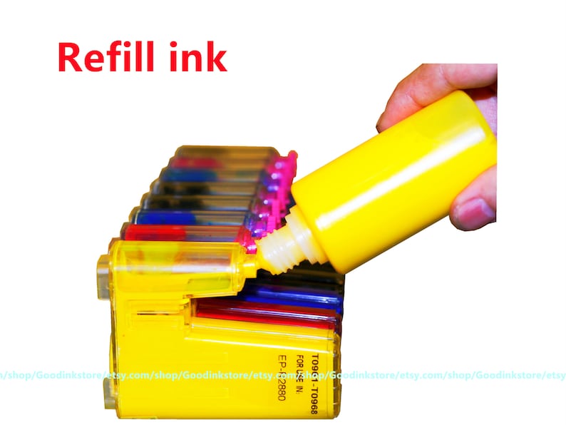 May include: A hand refilling a yellow ink cartridge with a yellow ink bottle. The ink cartridge is part of a set of color ink cartridges for a printer. The text on the ink cartridge reads "T09-1-T0968 FOR USE IN EP-F:2880".