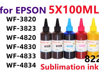 5X100ml Sublimation Ink for Wf-3820 Wf-3823 Wf-4820 Wf-4830 wf-4833 wf-4834 Printer T822 822 Refillable ink cartridges CISS heat press