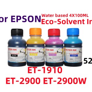 May include: Four 100ml bottles of Peter Ink eco-solvent ink for Epson printers, including black, yellow, magenta, and cyan colors. The labels feature the text For EPSON, Water based 4X100ML, Eco-Solvent Ink, 522, ET-1910, ET-2900, and ET-2900W.