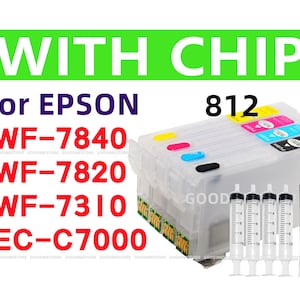 4pk Empty Refillable Ink Cartridge for Workforce pro WF7840 WF7820 WF7310 EC-C7000 wf-7840 wf-7820  T812 812 XL Printer, w/single use chips