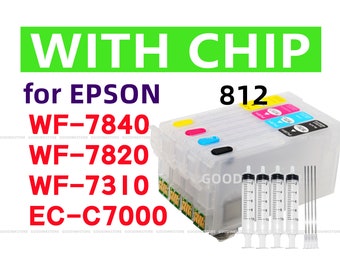 4pk Empty Refillable Ink Cartridge for Workforce pro WF7840 WF7820 WF7310 EC-C7000 wf-7840 wf-7820  T812 812 XL Printer, w/single use chips