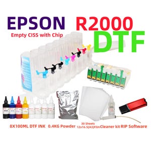 May include: An Epson R2000 DTF printing kit featuring an empty CISS with chips, eight 100ml bottles of DTF ink, 0.4kg of powder, 30 sheets of 12x16.5 inch A3 film, a cleaner kit, and a USB drive containing RIP software for printer maintenance.