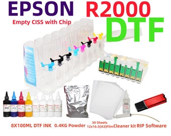 DTF Printing Kit for R2000 : CISS, Ink, Film, Powder, RIP