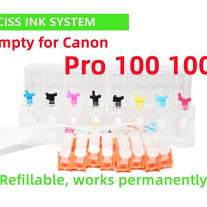 May include: A CISS ink system for Canon Pro 100 100S printers, featuring eight clear plastic ink reservoirs with colored caps, connected by thin white tubing to a row of eight orange refillable ink cartridges with clear plastic clips.