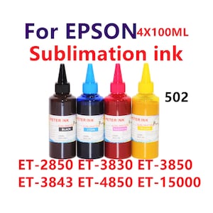 May include: Four bottles of sublimation ink for Epson printers. The bottles are black, cyan, magenta, and yellow. The text on the bottles reads "PETER INK" and "SUBLIMATION". The image also includes the text "For EPSON 4X100ML Sublimation ink" and printer model numbers.