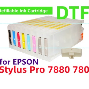 May include: Refillable ink cartridges for Epson Stylus Pro 7880 and 7800 printers. The cartridges are clear and labeled with color names. The set includes six cartridges: black, cyan, magenta, yellow, light cyan, and light magenta. DTF is printed on the image.