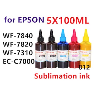 May include: Five bottles of sublimation ink for Epson printers. The bottles are labeled black, cyan, magenta, yellow, and each bottle contains 100 ml of ink.