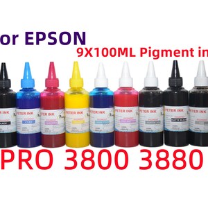May include: Nine 100 ml bottles of pigment ink for Epson printers. The bottles are labeled with the colors black, cyan, magenta, yellow, light cyan, light magenta, matte black, and photo black. The bottles are arranged in a row on a white background.