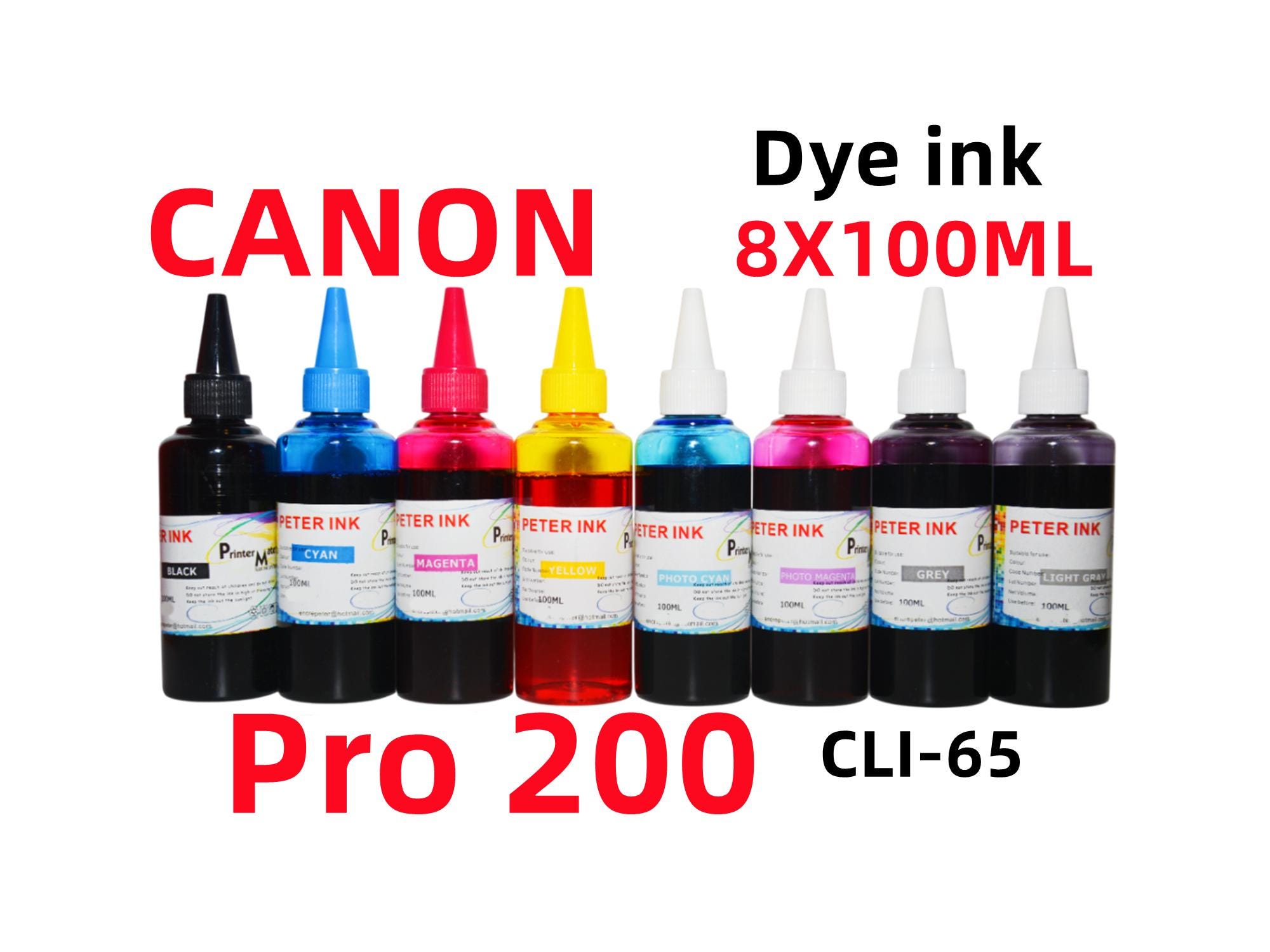 8X100ML dye ink refills for Canon PIXMA Pro-200 Pro 200 Printer refillable Cli-65 Cli 65 ink Cartridge, CIS, CISS