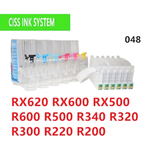 May include: CISS ink system for printers, including RX620, RX600, RX500, R600, R500, R340, R320, R300, R220, and R200 models. The system includes clear ink cartridges and a set of chips.