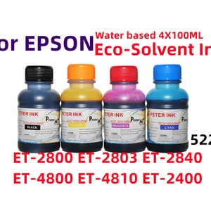 May include: Four bottles of 100 ml eco-solvent ink for Epson printers. The bottles are labeled black, yellow, magenta, and cyan. The text "522 ET-2800 ET-2803 ET-2840 ET-4800 ET-4810 ET-2400" is printed below the bottles.
