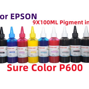 May include: Nine bottles of 100 ml pigment ink for Epson printers. The bottles are labeled with the colors black, cyan, magenta, yellow, light cyan, light magenta, light black, matte black, and red.