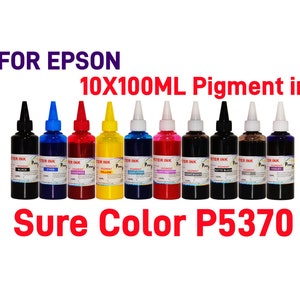 May include: Ten 100 ml bottles of pigment ink for Epson SureColor P5370 printers. The bottles are labeled with the colors black, cyan, magenta, yellow, light black, light magenta, white, light cyan, and violet.