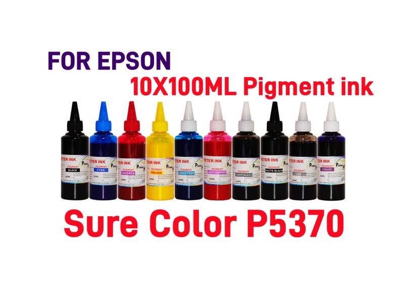 May include: Ten 100 ml bottles of pigment ink for Epson SureColor P5370 printers. The bottles are labeled with the colors black, cyan, magenta, yellow, light black, light magenta, white, light cyan, and violet.
