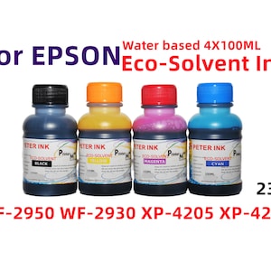 May include: Four bottles of eco-solvent ink for Epson printers. The bottles are labeled black, yellow, magenta, and cyan. Each bottle contains 100 ml of ink. The text on the bottles reads "Peter Ink Eco-Solvent". The text "Water based 4X100ML" and "For EPSONEco-Solvent Ink" is at the top of the image. The text "WF-2950 WF-2930 XP-4205 XP-4200" is at the bottom of the image.