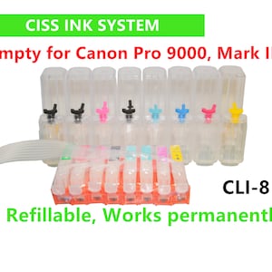 May include: A CISS ink system for Canon Pro 9000, Mark II printers. The system is refillable and includes eight clear ink cartridges with colored caps. The text "CLI-8" is visible on the image. The system is labeled "Refillable, Works permanently".