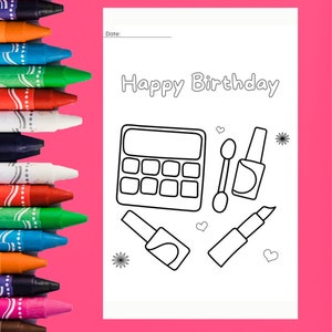 Printable Makeup Birthday Coloring Page, Digital Coloring Cards for ...