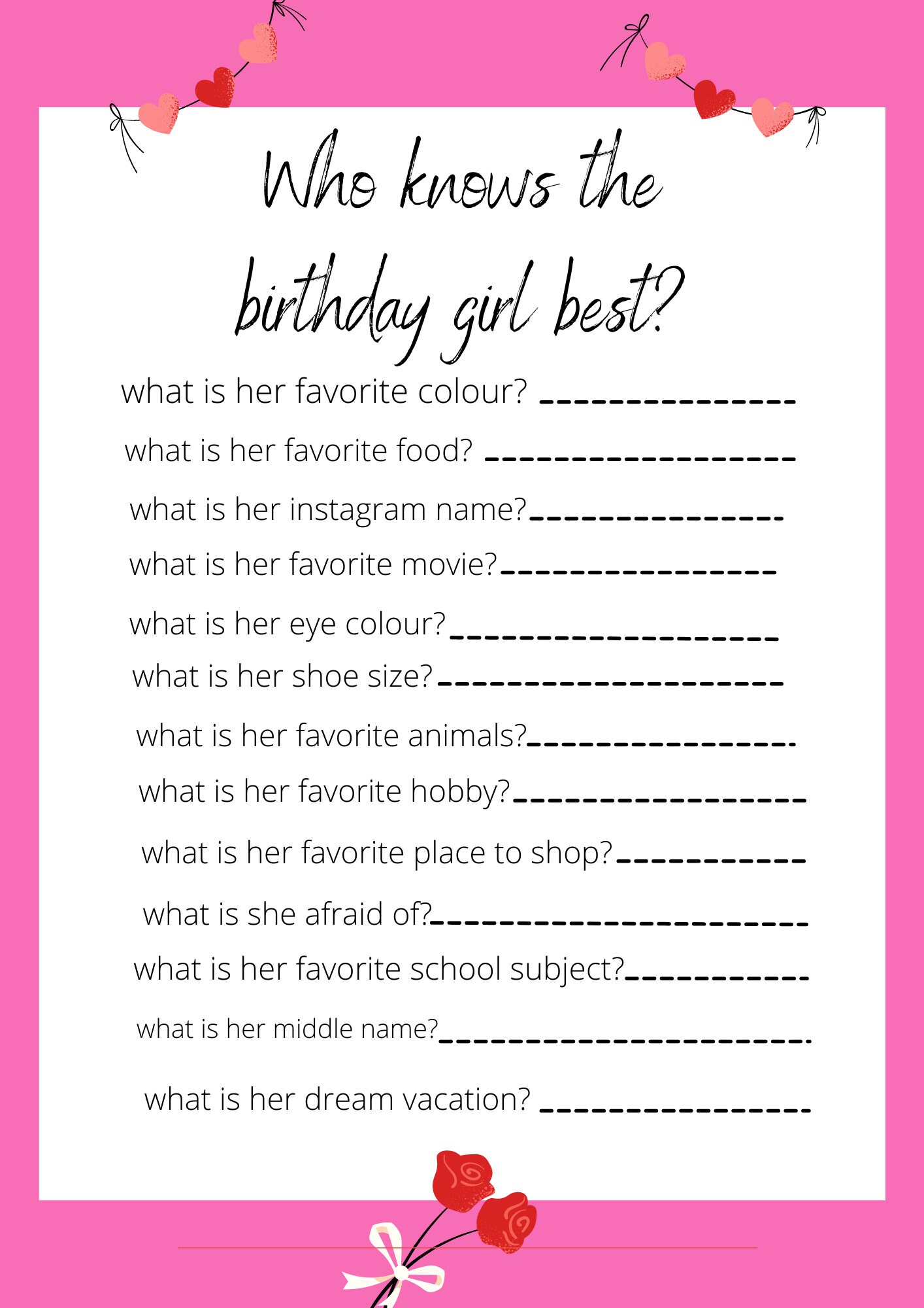 Who Knows the Birthday Girl, Printable Birthday Games, Digital Card ...