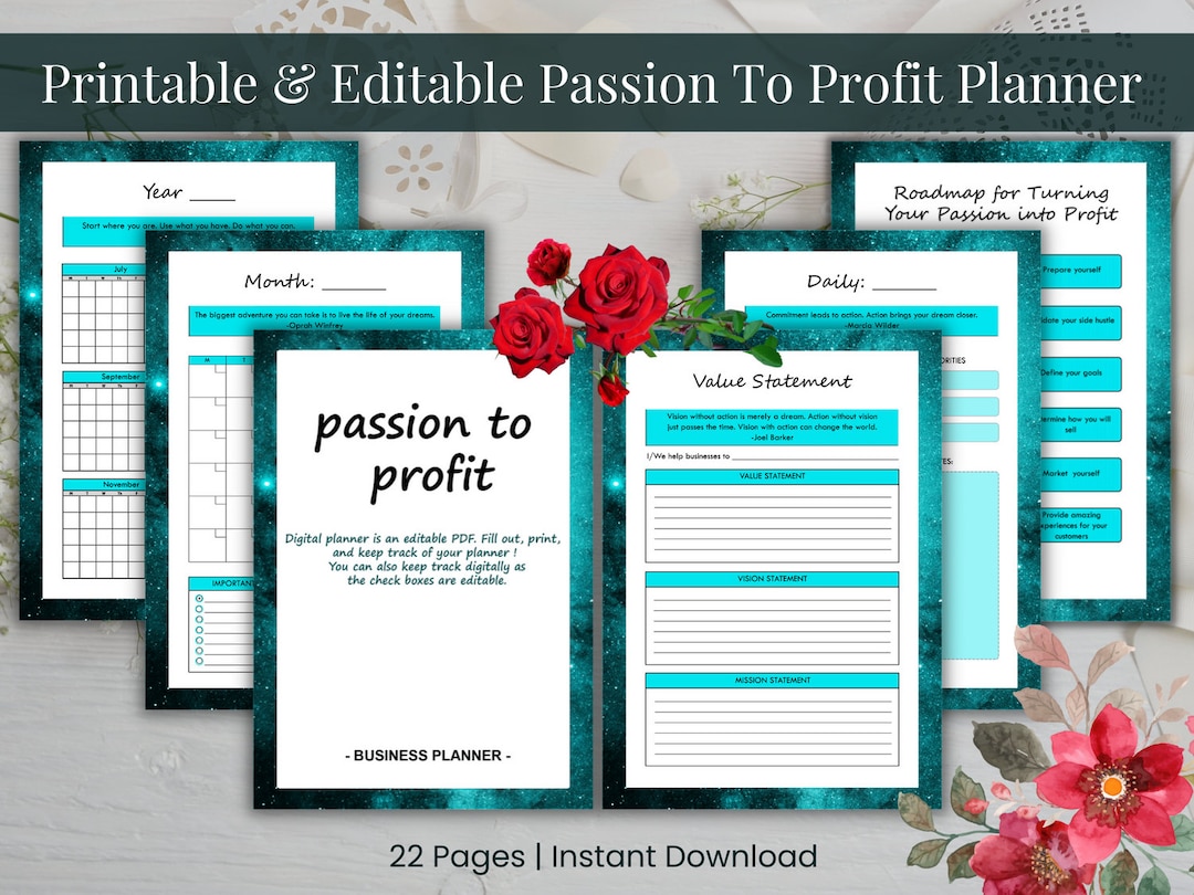22 Page Printable/ Editable Passion to Profit Planner, Passion Digital ...