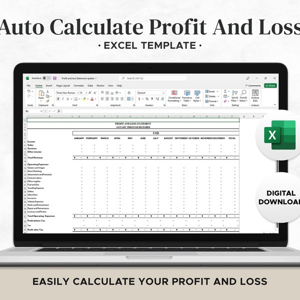 Editable Profit and Loss Statement for small Businesses I Excel Template I Instant Download