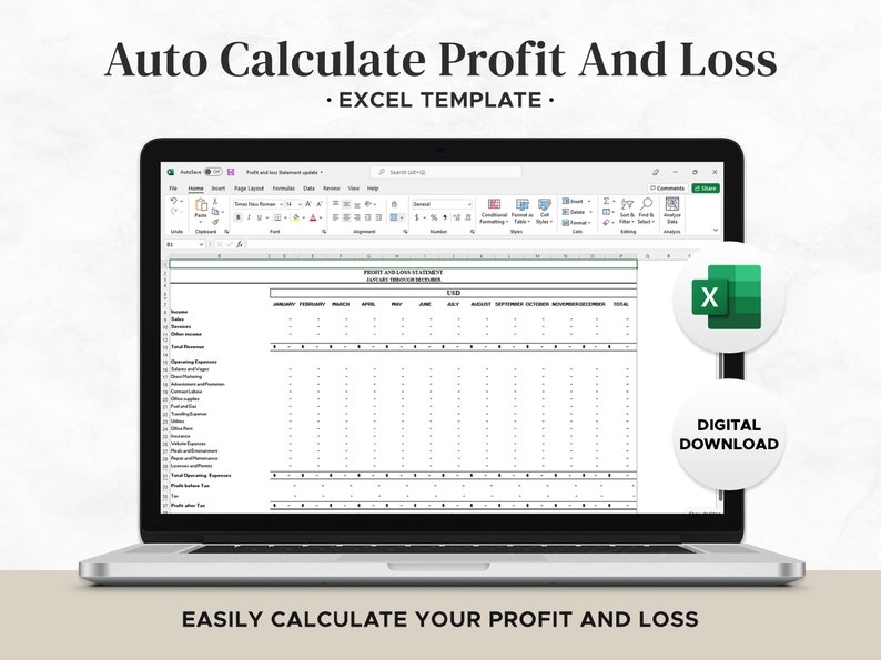 Editable Profit and Loss Statement for Small Businesses I Excel